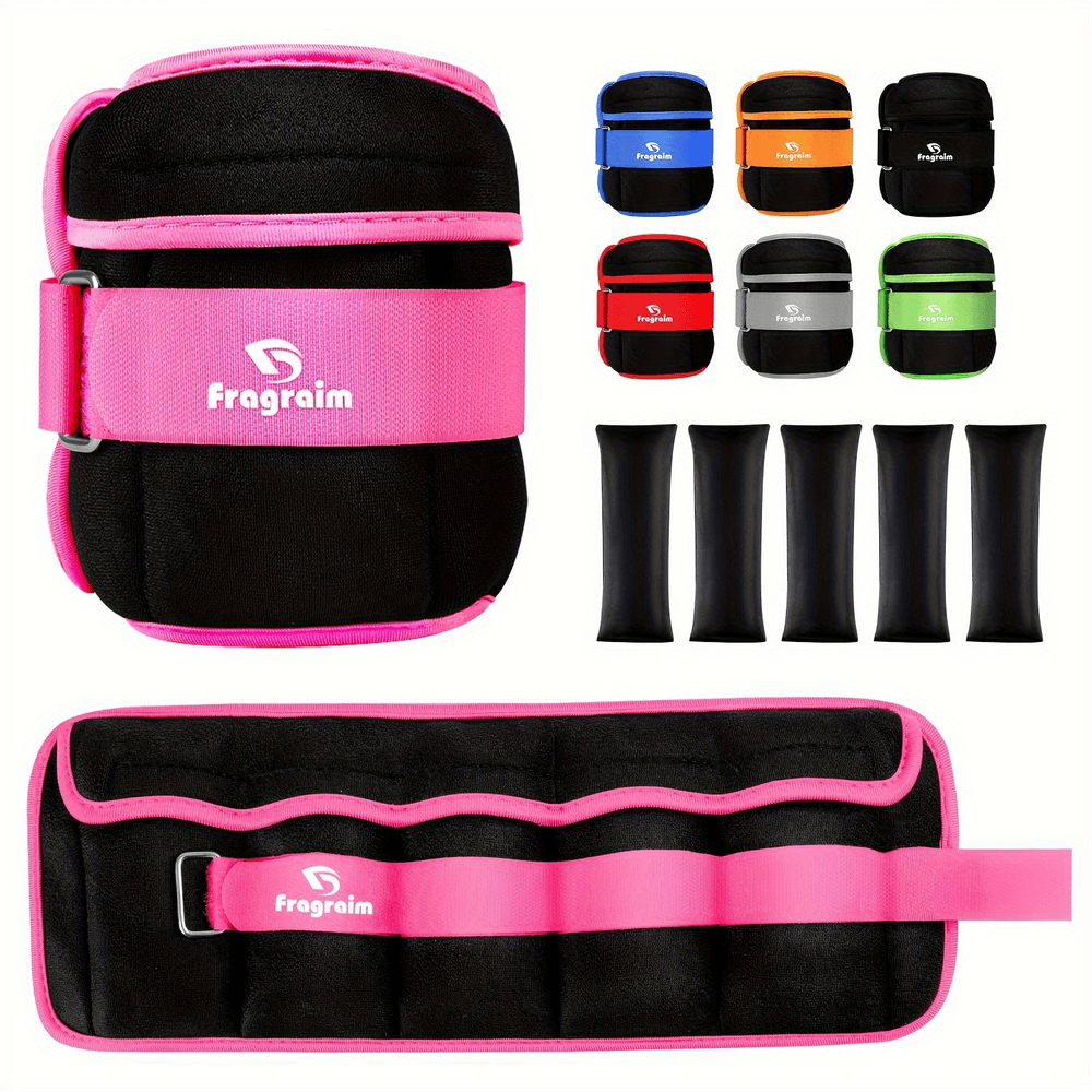 Adjustable ankle and wrist weights, pink and black, with customizable weight inserts for versatile workouts and fitness training.