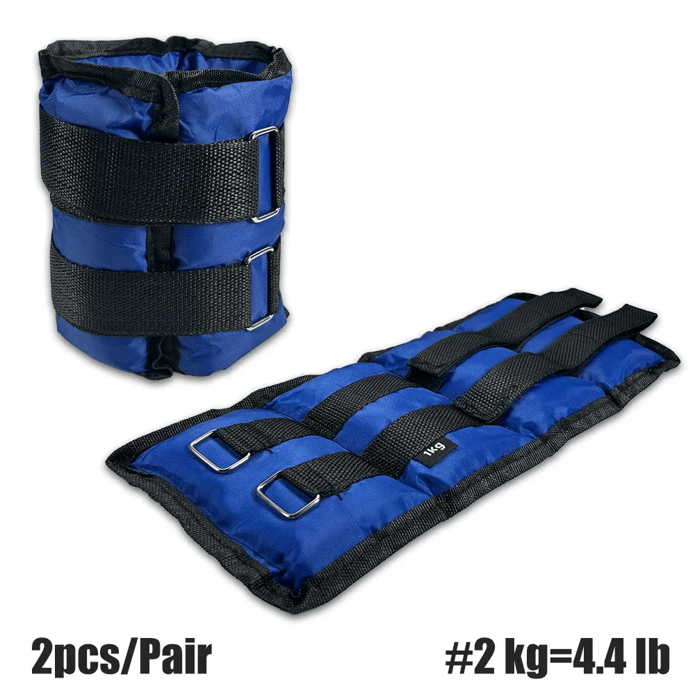 Blue adjustable ankle and wrist weights with velcro straps for training, resistance workouts, and fitness.