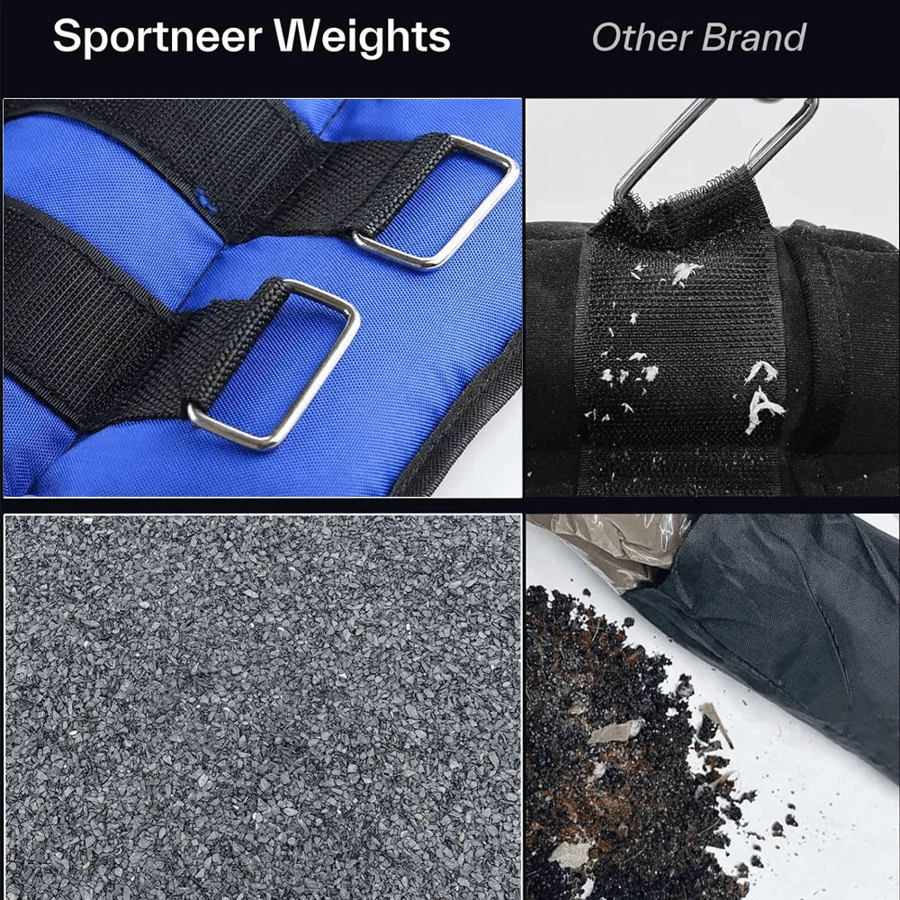 Adjustable ankle and wrist weights with velcro straps from Sportneer compared to another brand on textured surfaces.