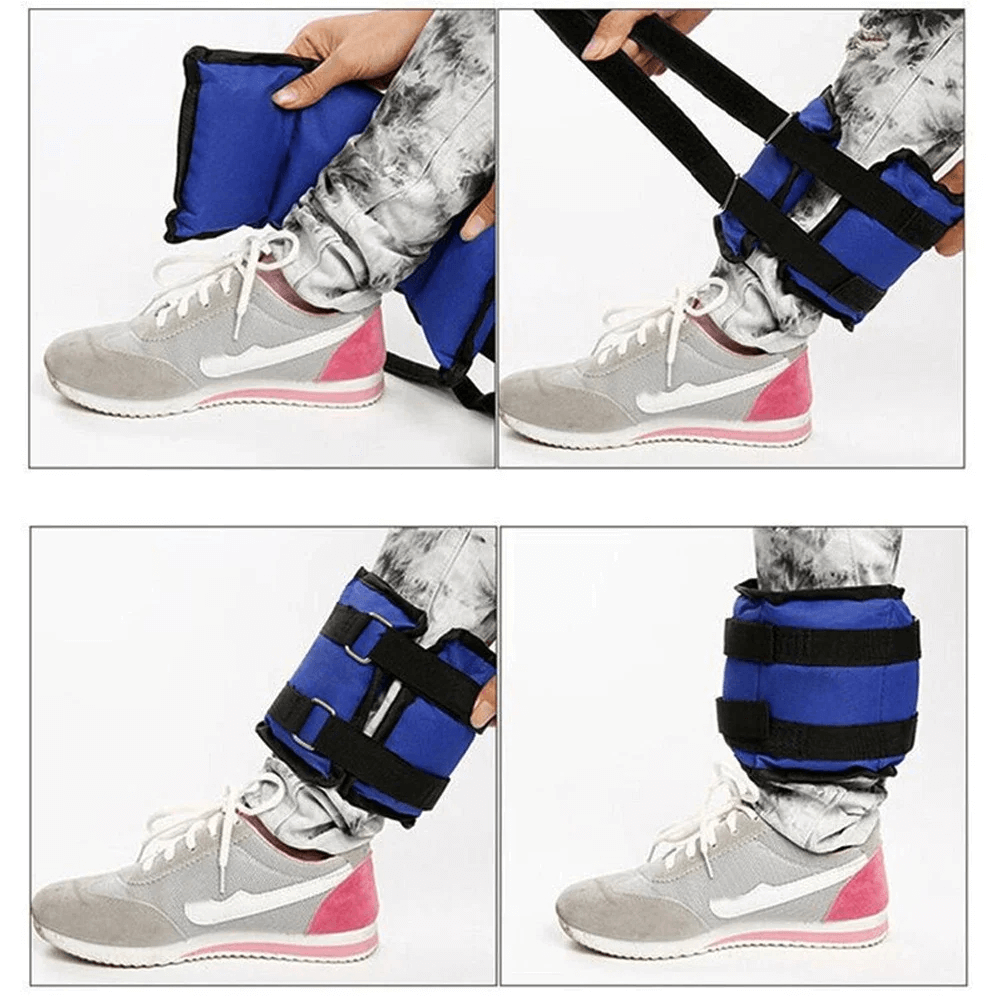 Adjustable ankle weights with Velcro straps on a person’s leg, perfect for resistance training and workouts, shown in four stages.