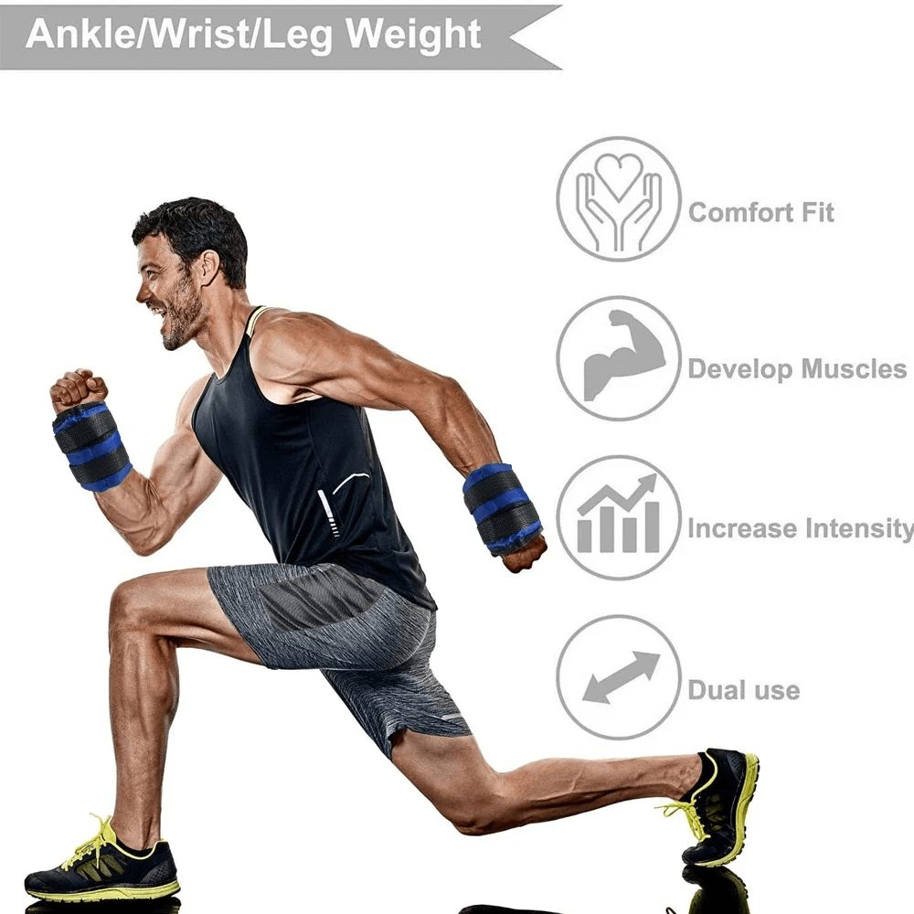 Man exercising with adjustable ankle and wrist weights SF3308, highlighting comfort fit, muscle development, and dual use for fitness.