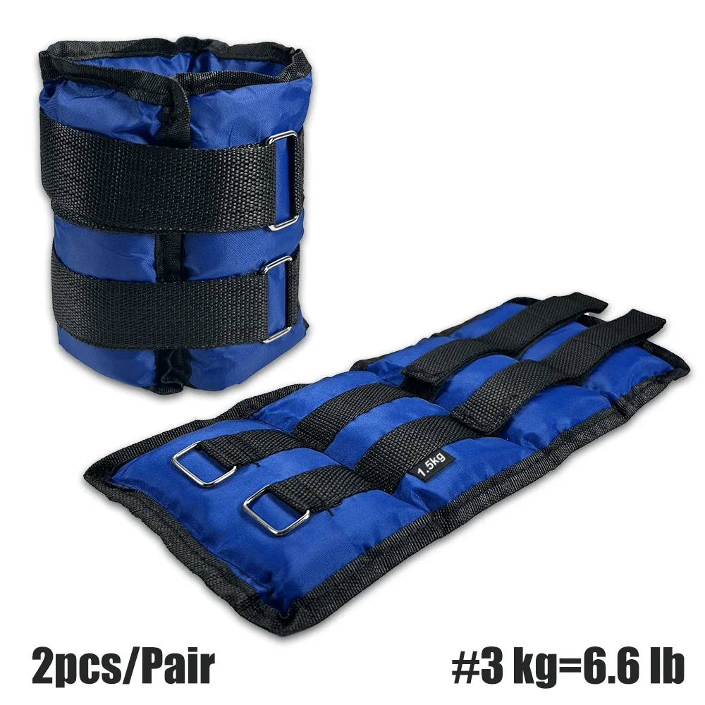 Blue adjustable ankle and wrist weights with Velcro straps, 3kg pair for resistance training and workouts.