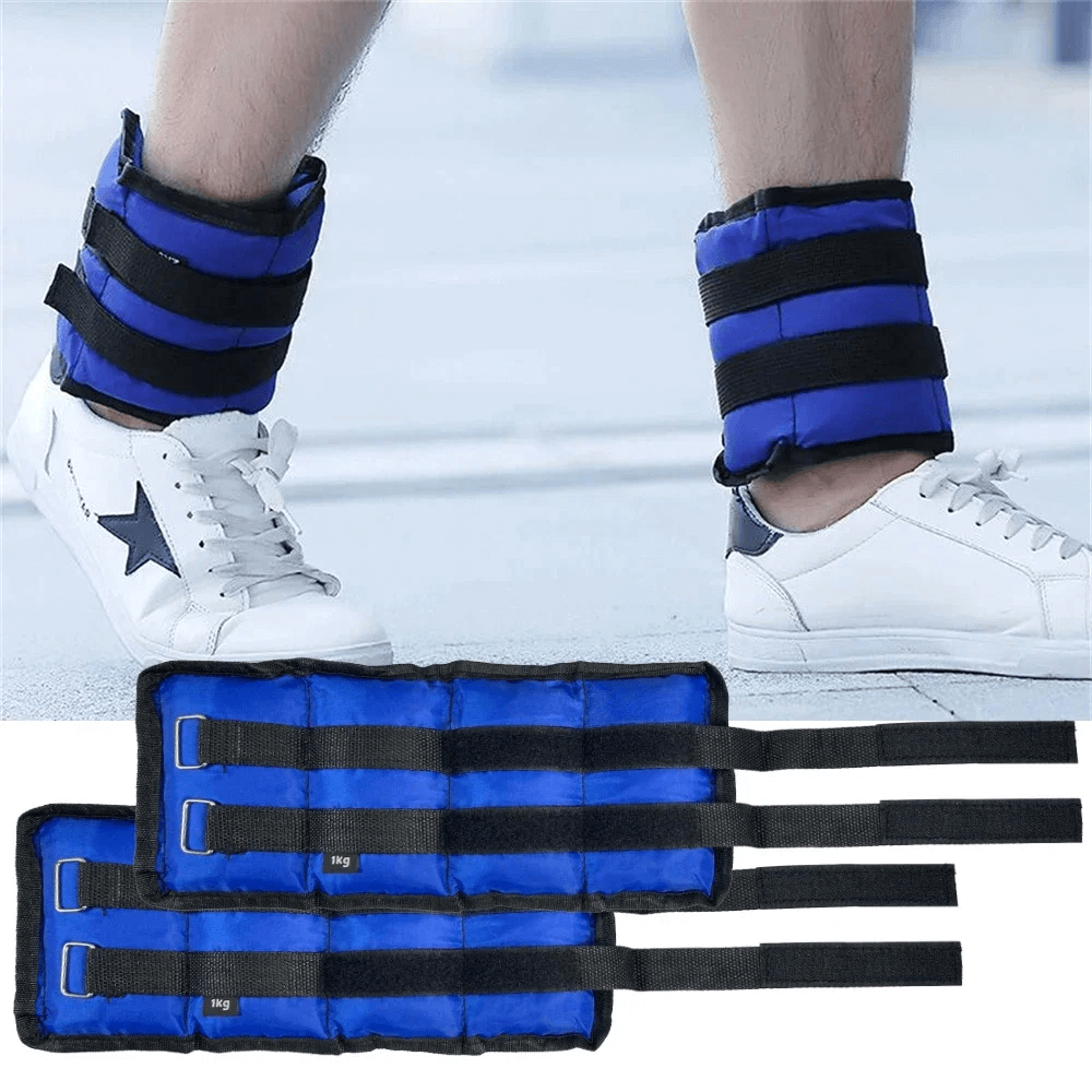 Adjustable ankle and wrist weights with velcro straps shown on legs, perfect for resistance training, running, and walking.