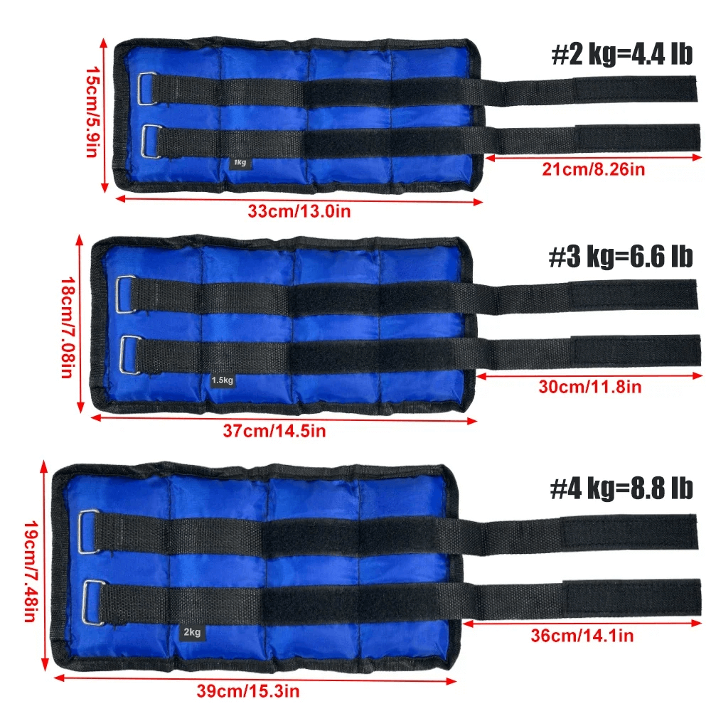 Three adjustable blue ankle and wrist weights with velcro straps, shown in different sizes and weights for resistance training.