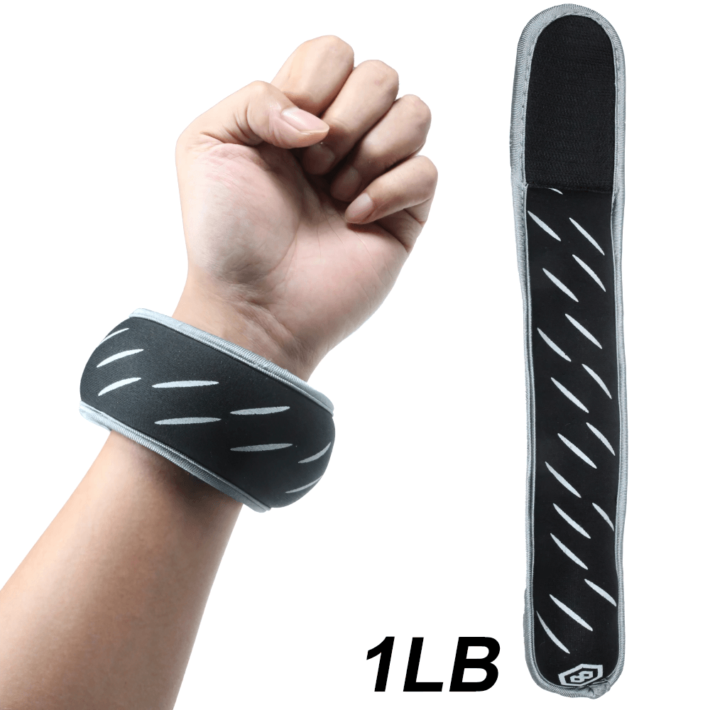Black silicone adjustable ankle and wrist weight, 1lb, shown on wrist; perfect for yoga, sports, and strength training. Model SF3350.