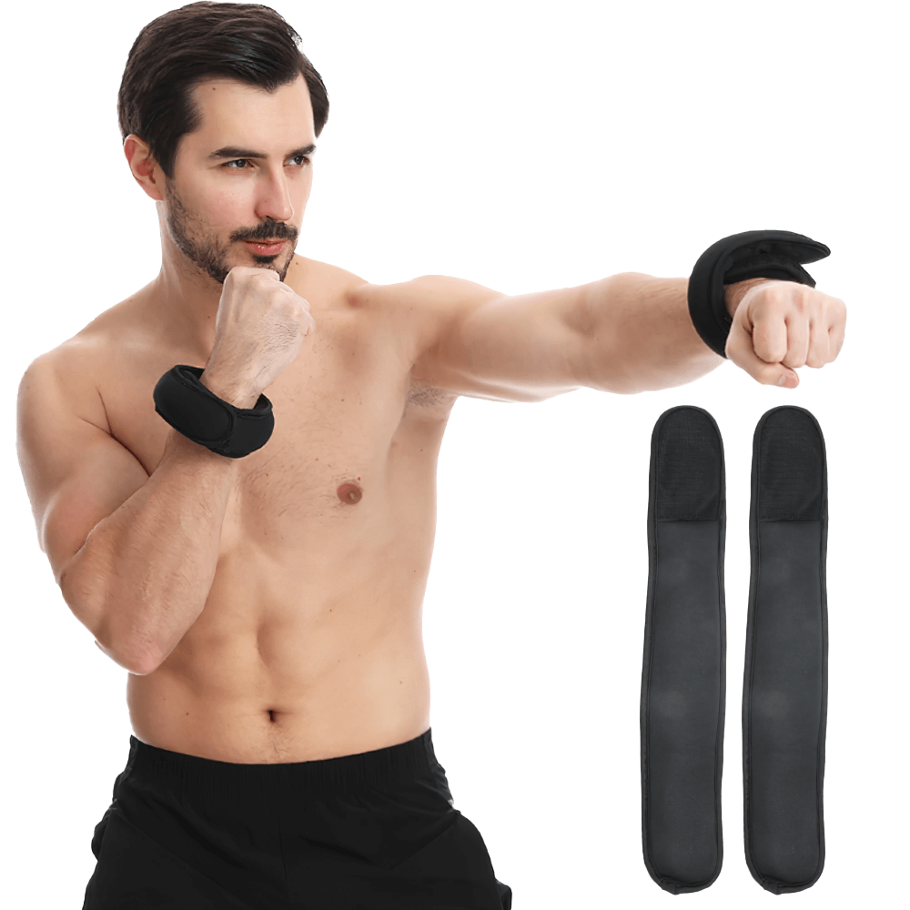 Man exercising with adjustable silicone ankle and wrist weights, perfect for yoga, strength training, and sports. Enhance workouts with SF3350 set.