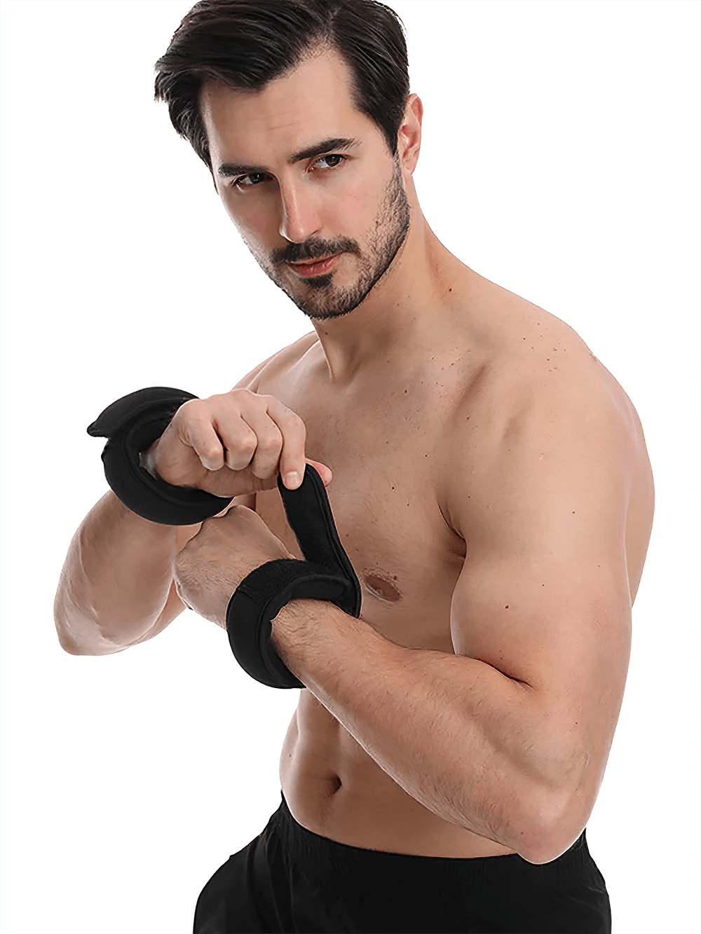 Man demonstrating adjustable ankle and wrist weights for strength training and yoga, made from durable silicone, enhancing workouts.