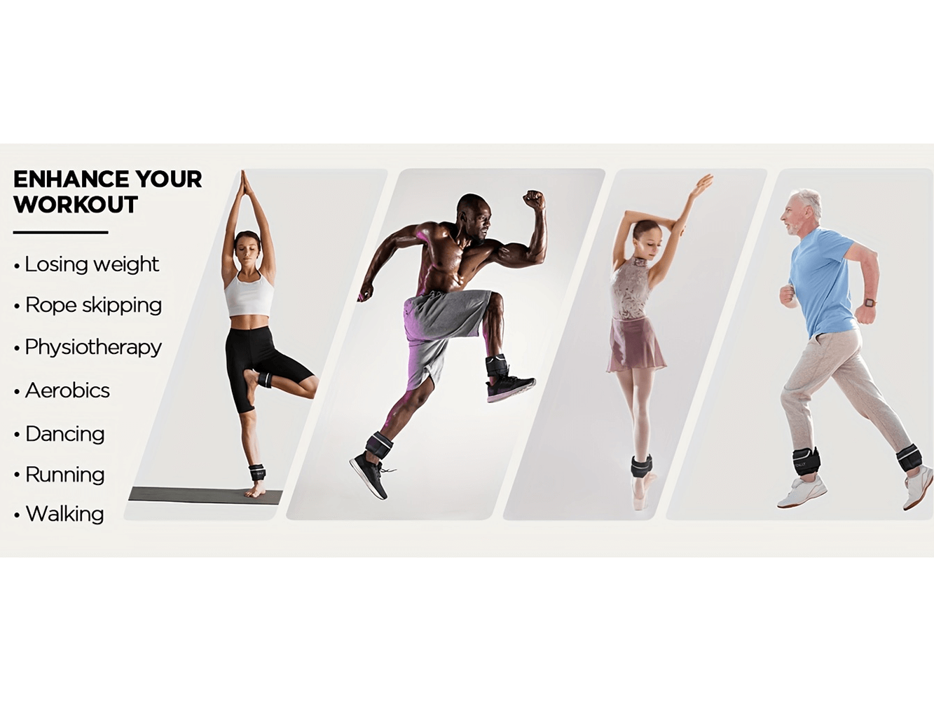 People exercising with adjustable ankle and wrist weights for enhanced workouts, including yoga, running, dancing, and aerobics.