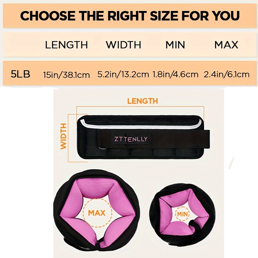 Size guide for adjustable ankle and wrist weights with dimensions for length, width, min, and max. Includes a view of the weights and strap.