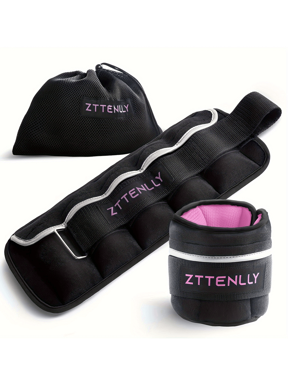 Adjustable ankle and wrist weights with a carry bag, ideal for strength training and walking. Features breathable fabric and secure straps.