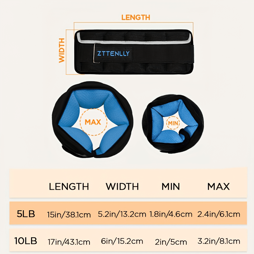 Adjustable ankle and wrist weights dimensions chart featuring 5 lb and 10 lb weights with carry bag, perfect for workouts and walking.