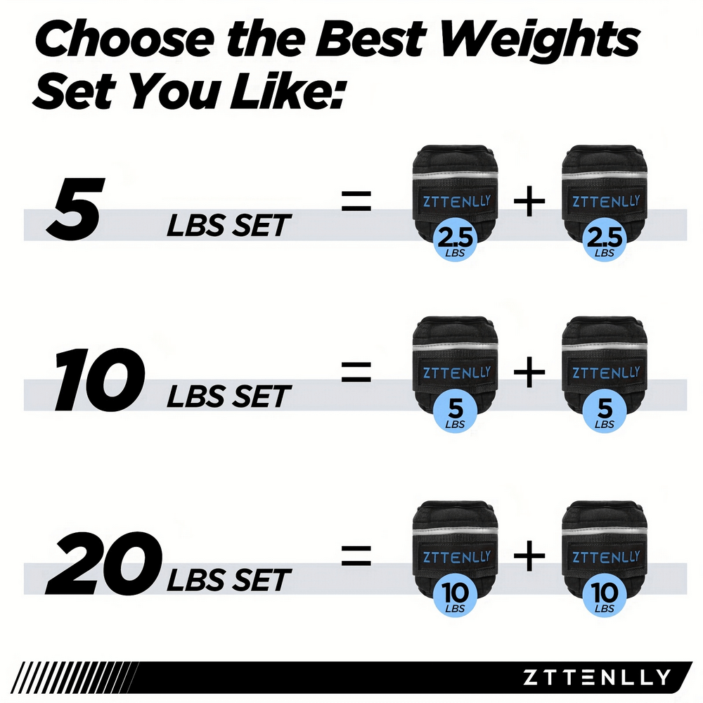 Image of three weighted sets: 5 lbs, 10 lbs, and 20 lbs. Features adjustable weights for personalized workouts.