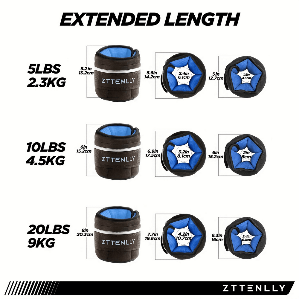 ZTTENLLY adjustable weighted bags with dimensions for 5lbs, 10lbs, and 20lbs, featuring blue inner lining and extended length.