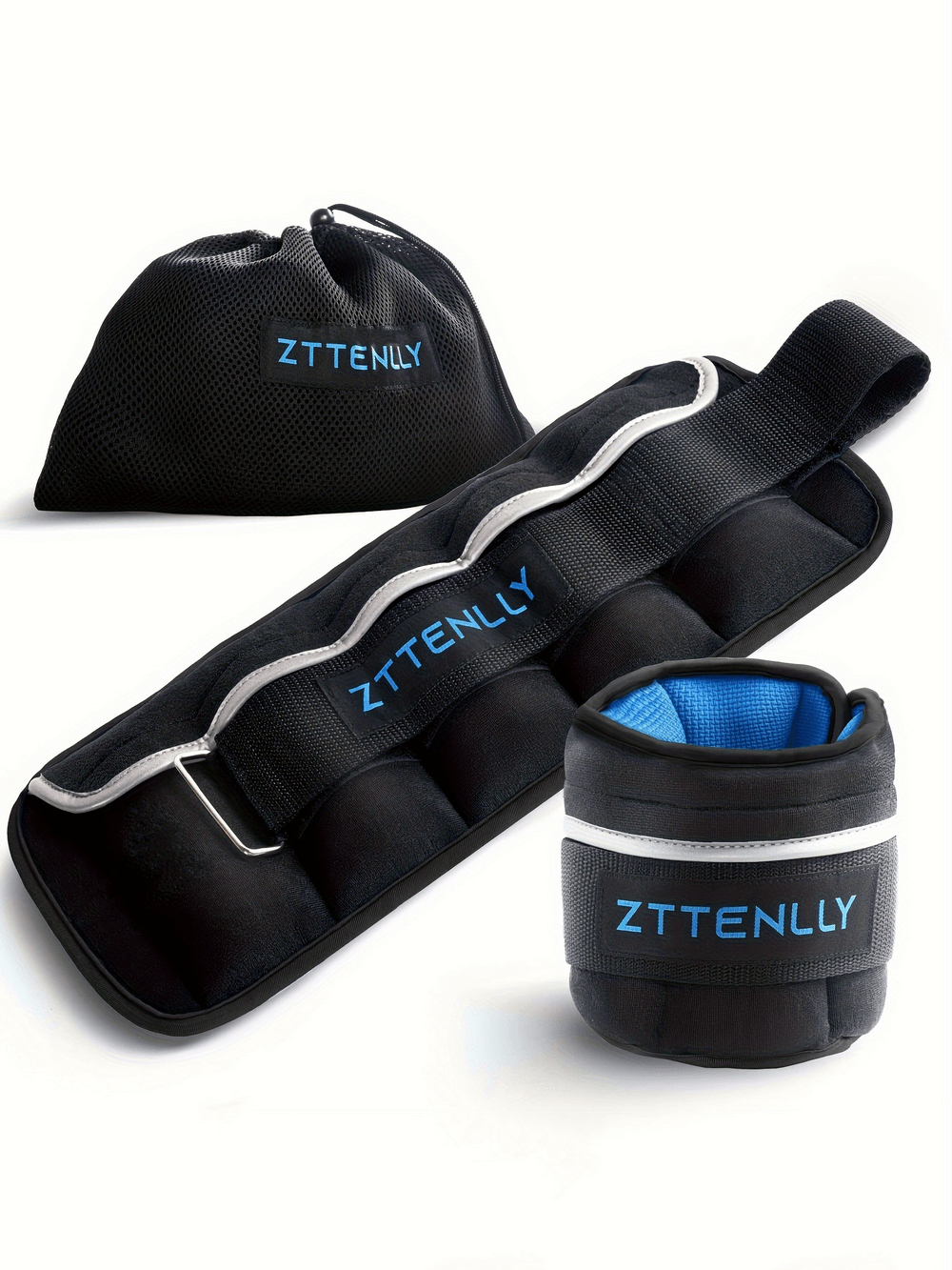 Adjustable ankle and wrist weights with carry bag, 5 lbs each, featuring breathable fabric and reflective trim for safe workouts at home or gym.