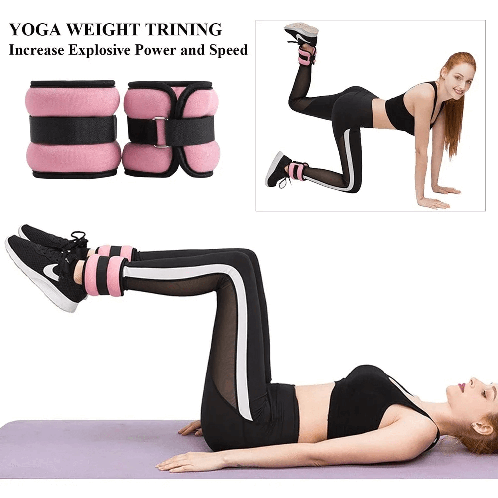 Woman doing leg exercises with pink adjustable ankle weights, 2LB set for yoga and strength training, enhancing fitness and endurance.