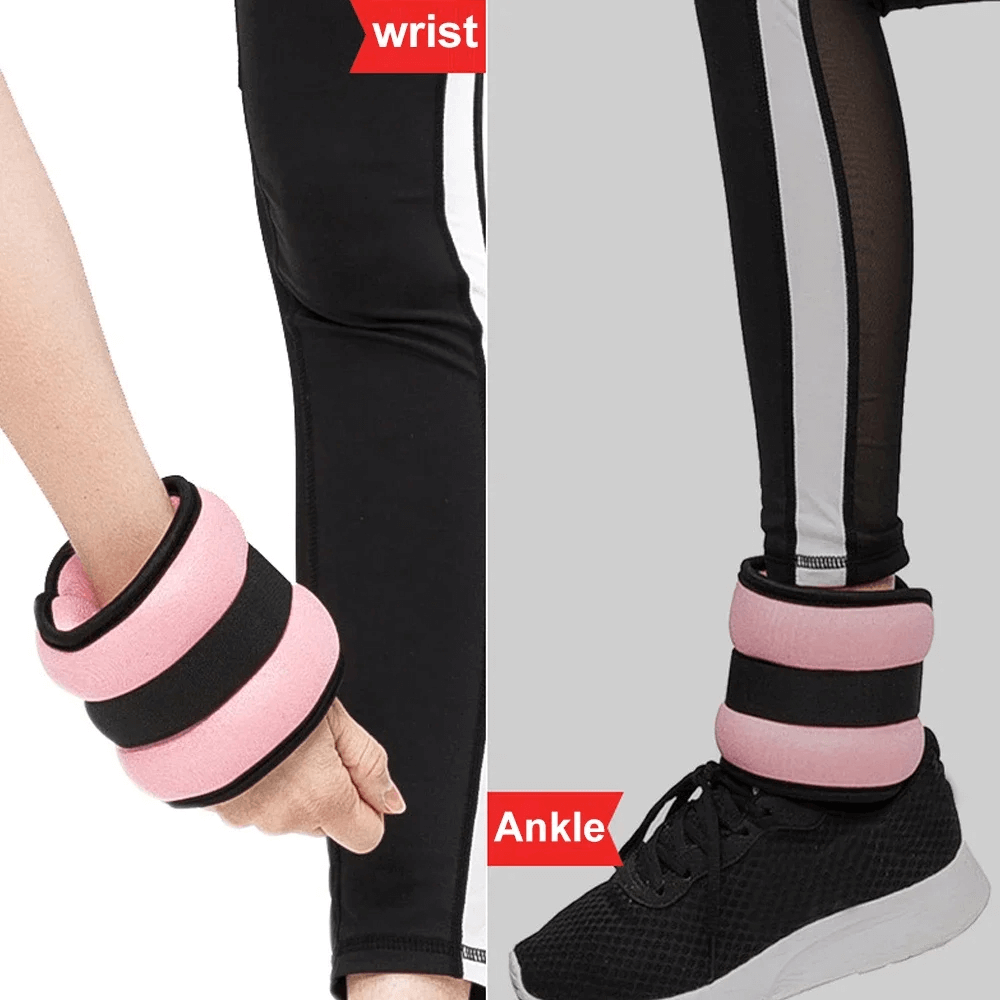 Black and pink adjustable ankle weights worn on wrist and ankle, ideal for yoga, fitness, strength training, breathable material.