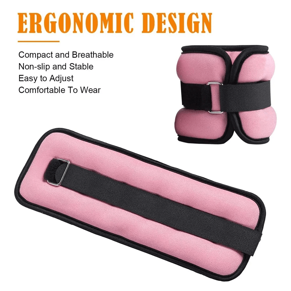 Pink adjustable ankle weights with ergonomic design, featuring non-slip, breathable fabric and secure strap for comfortable workouts.