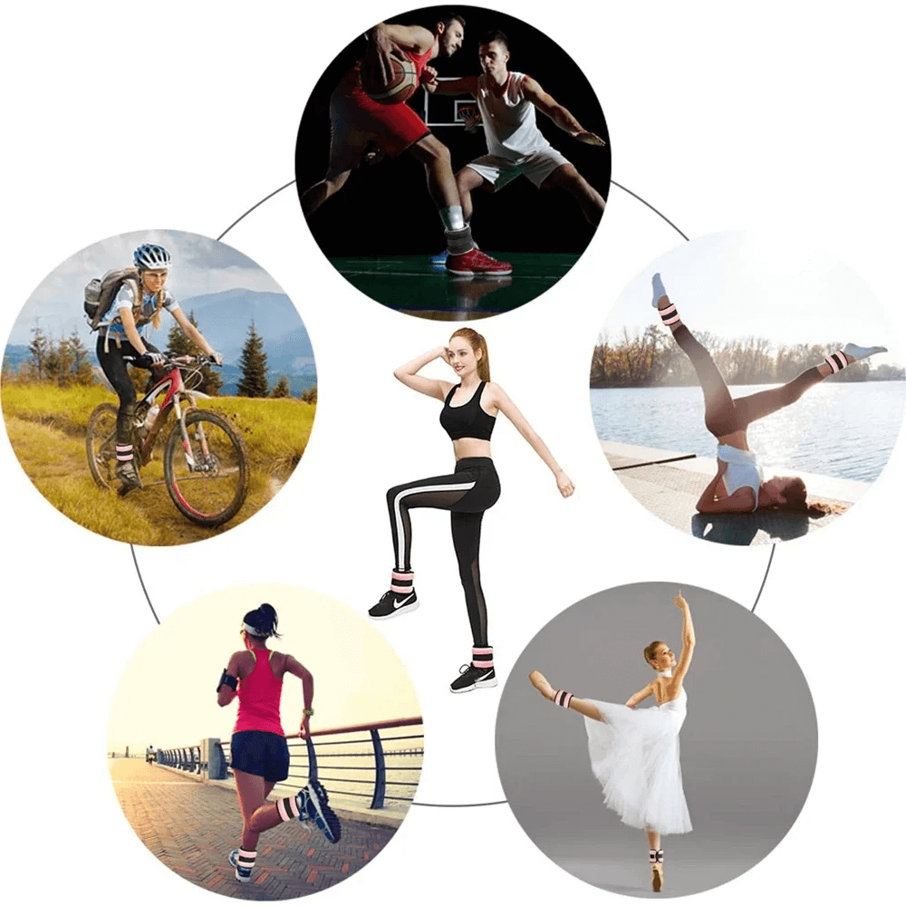 Various athletes using adjustable ankle weights for diverse workouts including yoga, cycling, and dance. Fitness and versatility showcased.