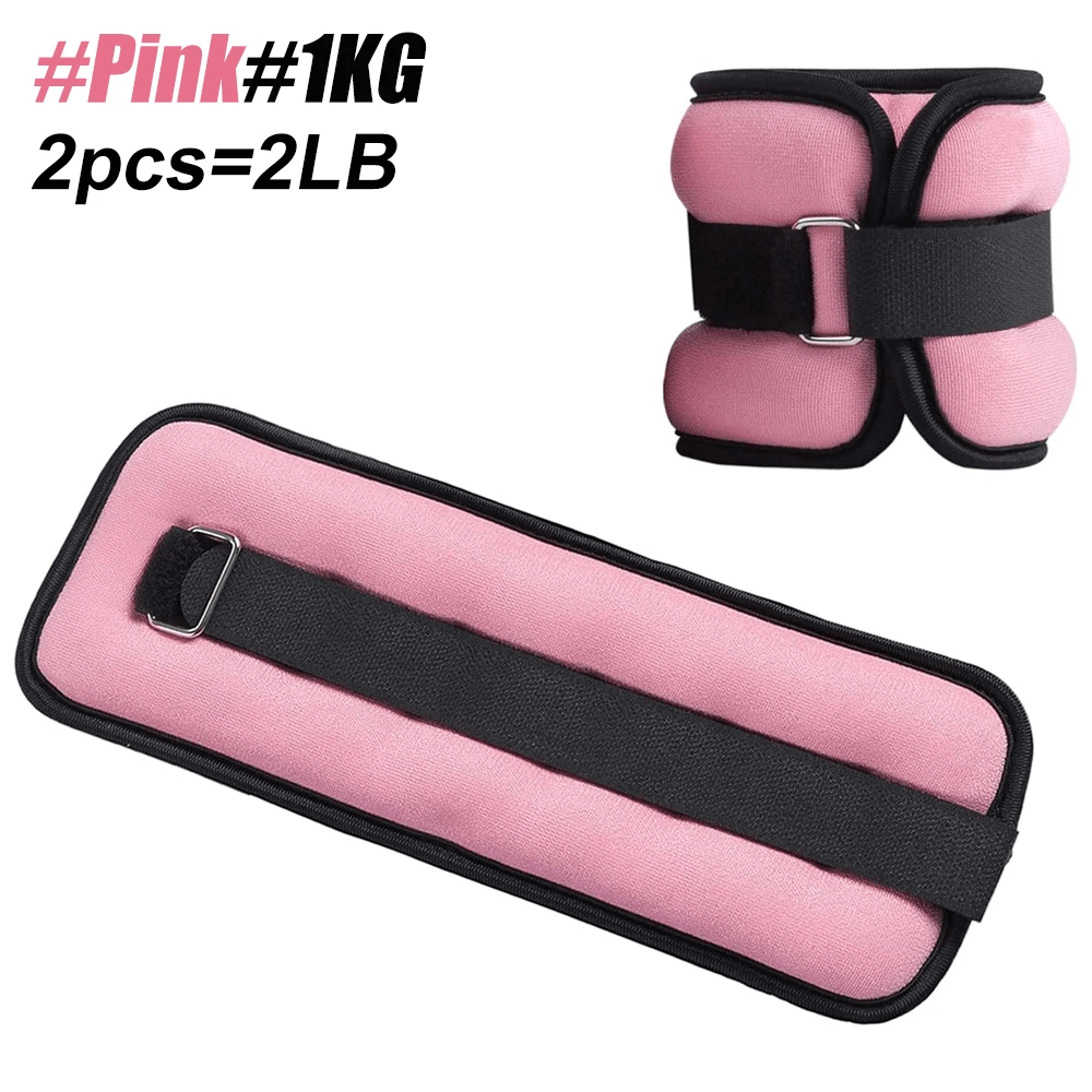 Pink adjustable ankle weights, 1kg pair. Ideal for yoga and strength training, secure fit with durable strap. 2LB total weight.