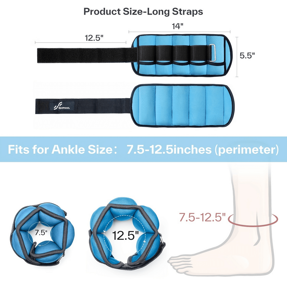 Adjustable ankle weights with blue padding and long straps, SF2910, fits 7.5-12.5 inch ankle sizes, perfect for strength training.