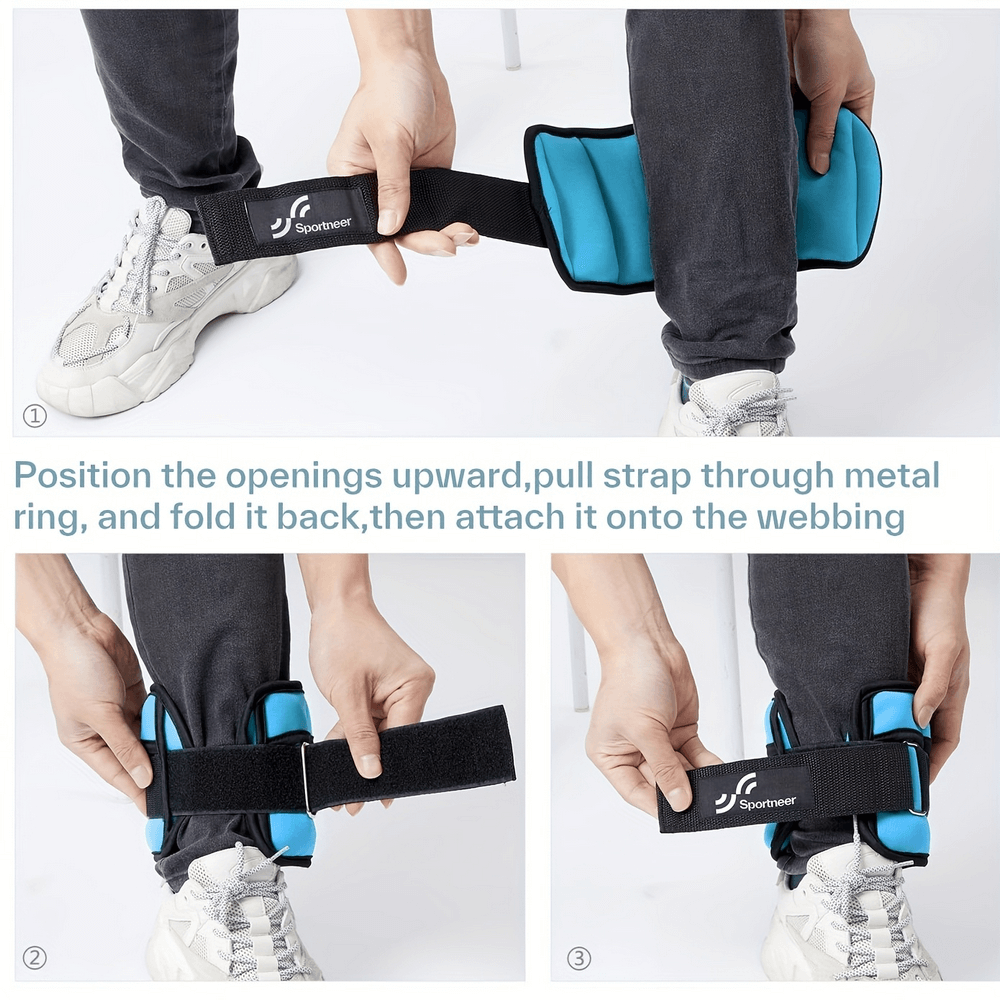 Instructions on securing SF2910 adjustable ankle weights for strength training with velcro strap.