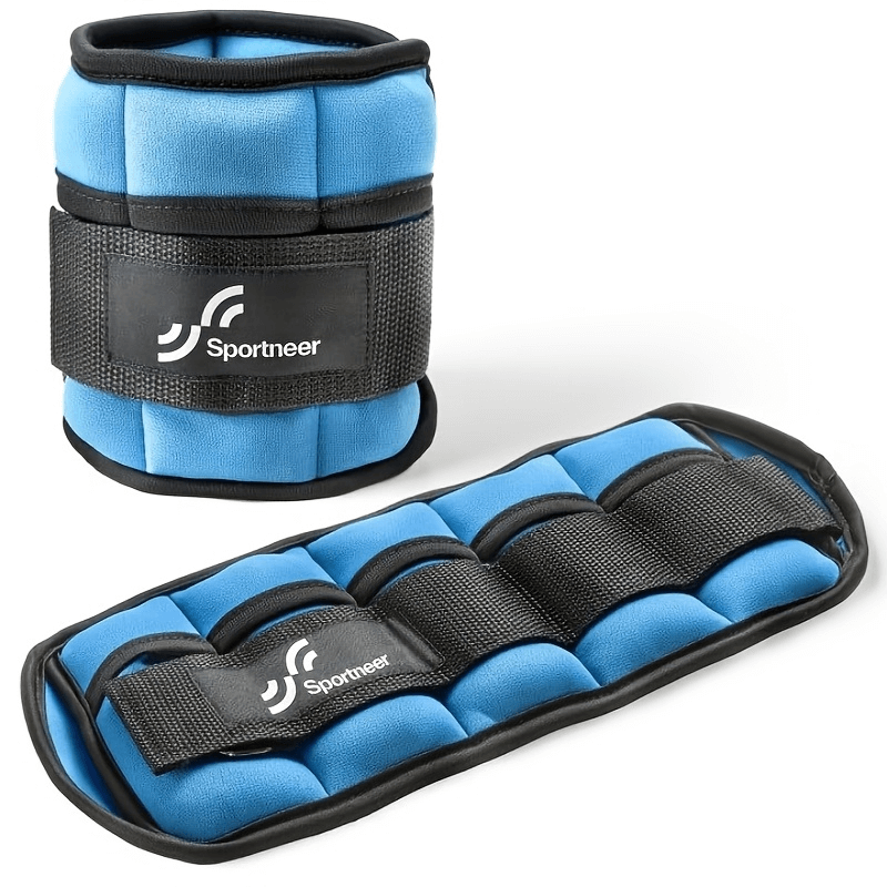 Blue adjustable ankle weights for strength training, model SF2910, featuring Sportneer branding on straps.