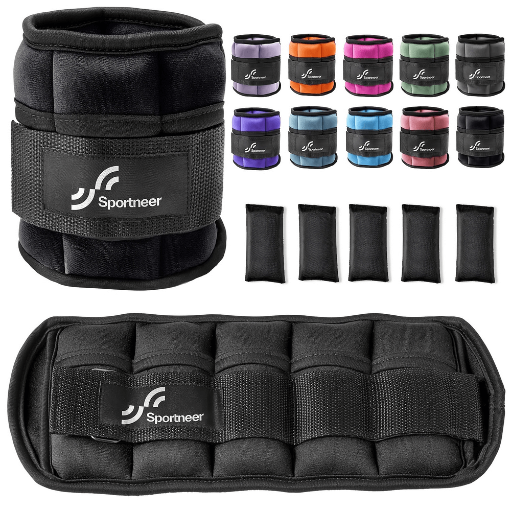 Colorful adjustable ankle weights set for strength training, model SF2910, featuring Sportneer branding and adjustable inserts.