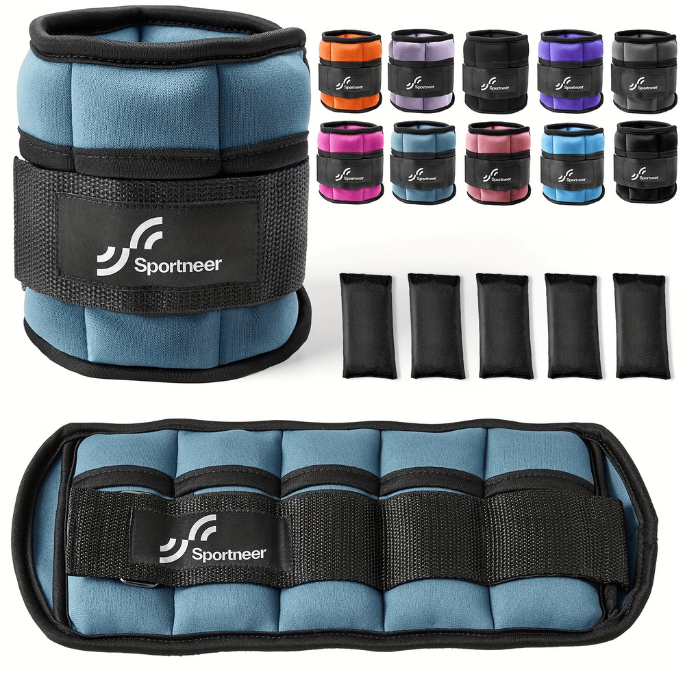 Adjustable ankle weights SF2910 for strength training in various colors, featuring removable weights and secure Velcro straps.