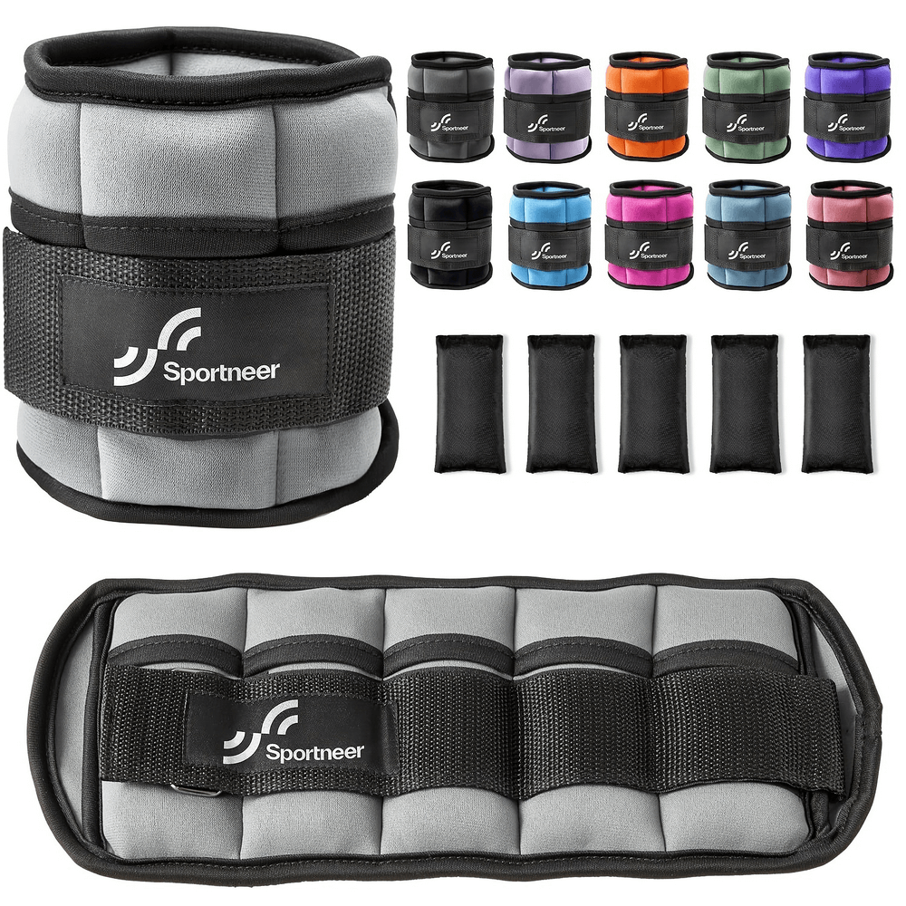 Colorful set of adjustable ankle weights for strength training, showcasing multiple colors and weight options, labeled Sportneer.