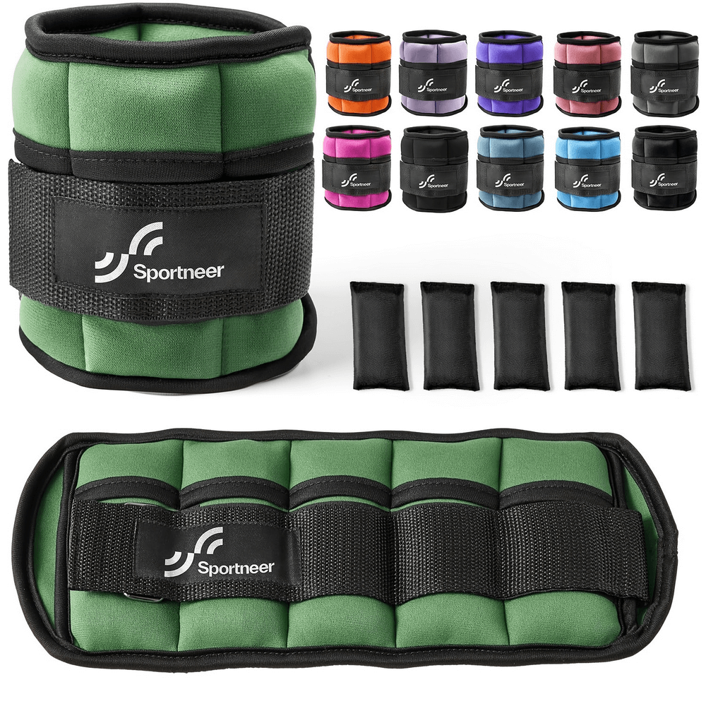 Green adjustable ankle weights SF2910 with additional weights and multiple color options for strength training.