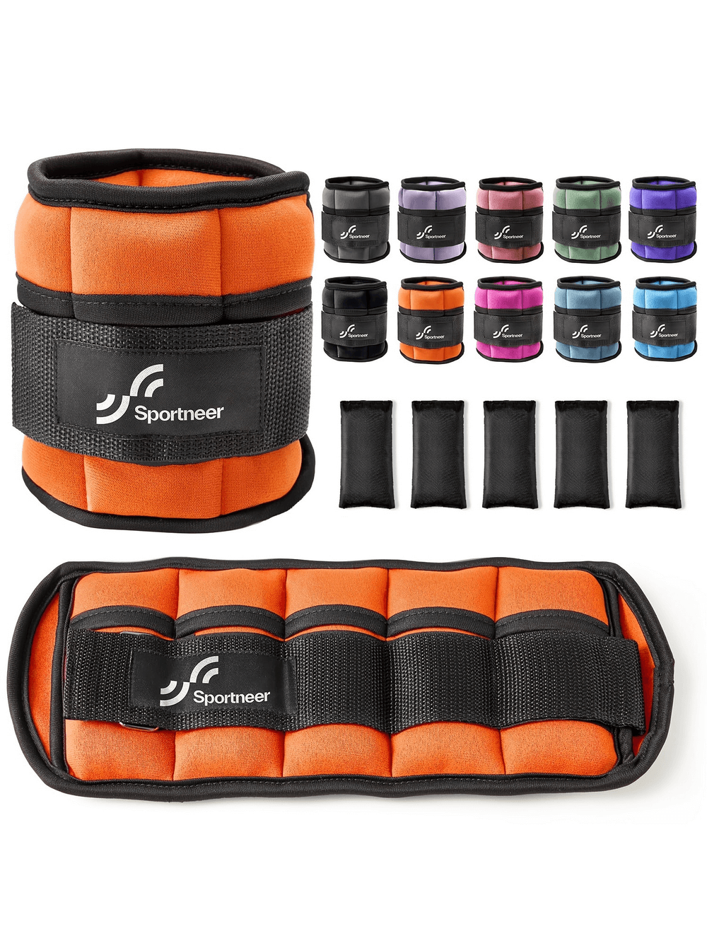 Adjustable ankle weights in vibrant orange and black, perfect for strength training. Includes multiple weight options for customizable workouts.