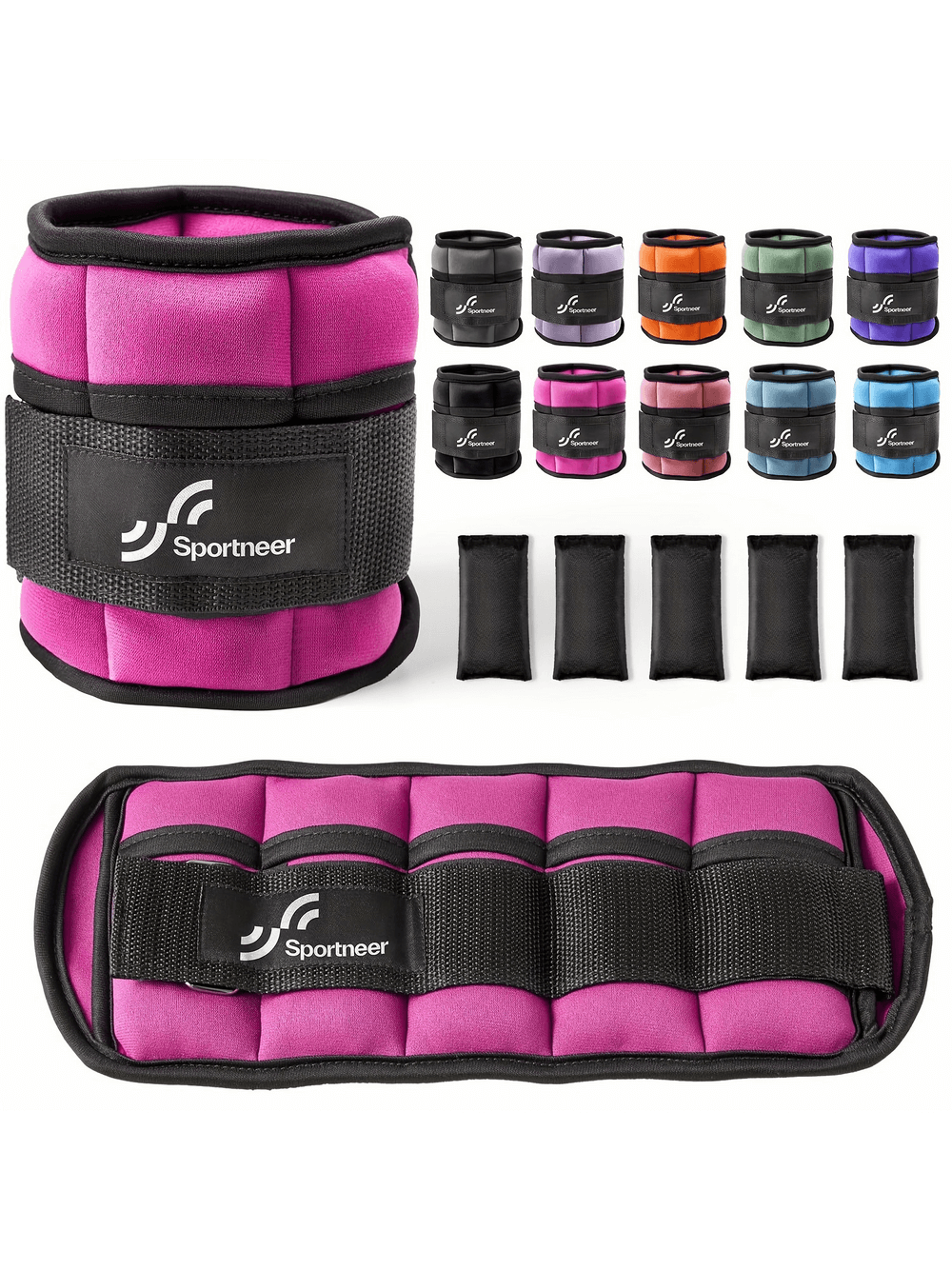 Colorful adjustable ankle weights set for strength training, featuring multiple vibrant colors and weight inserts - perfect for workouts.