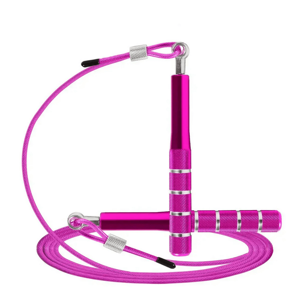 Tangle-free adjustable pink jump rope with ergonomic handles for fitness and boxing workouts, suitable for all ages.