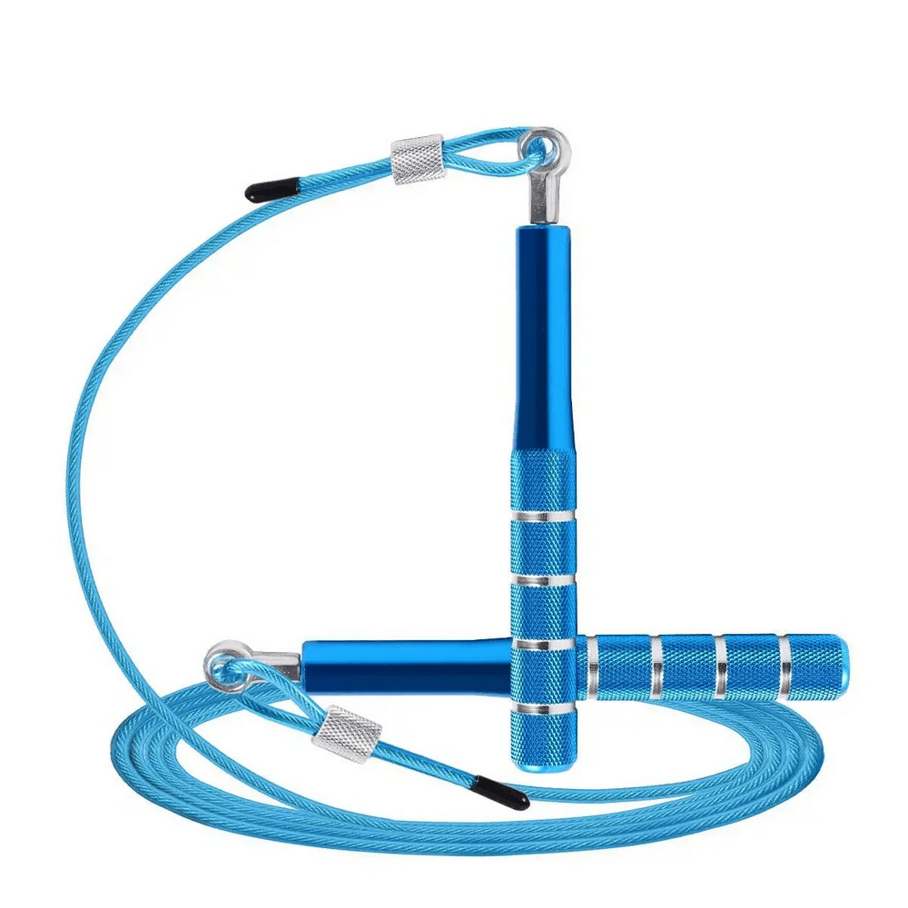 Blue adjustable speed jump rope with tangle-free steel cable and ergonomic aluminum handles, ideal for fitness and cardio training.