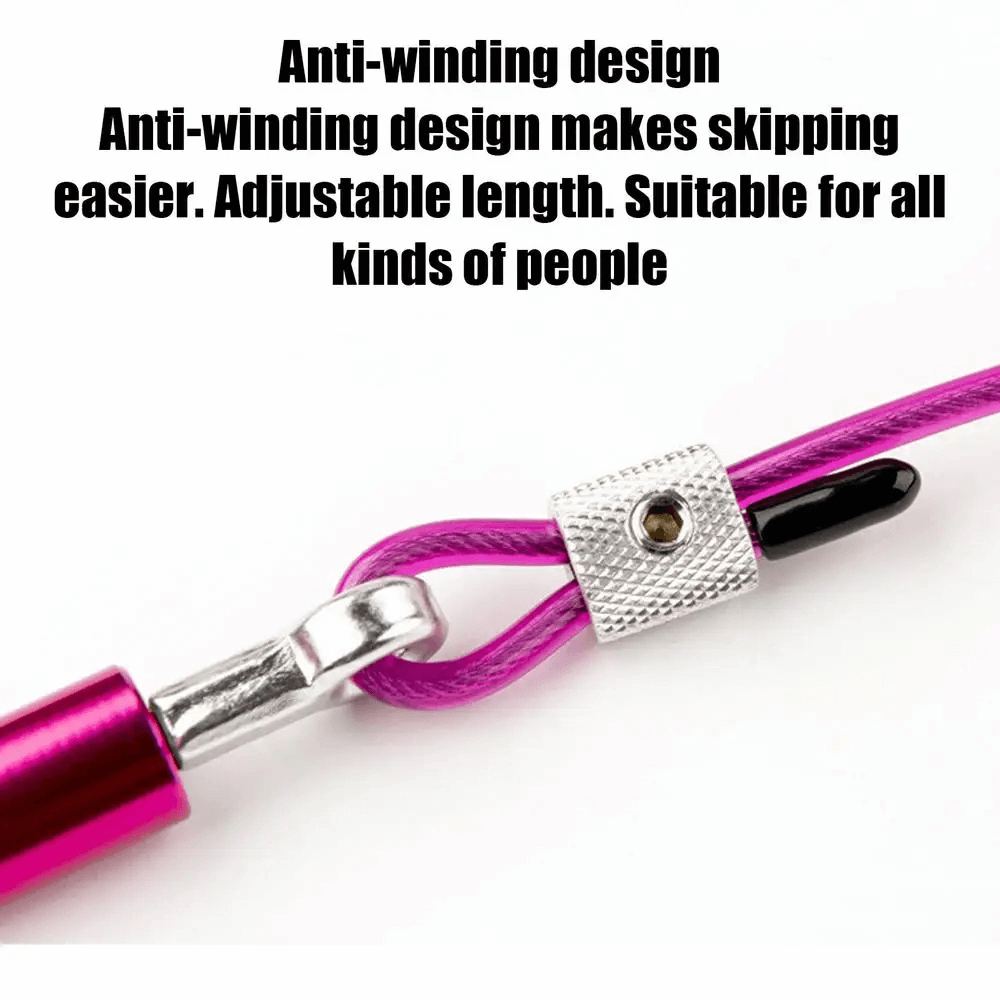 Close-up of anti-winding adjustable speed jump rope, featuring a pink cable and ergonomic metal connector for seamless fitness training.