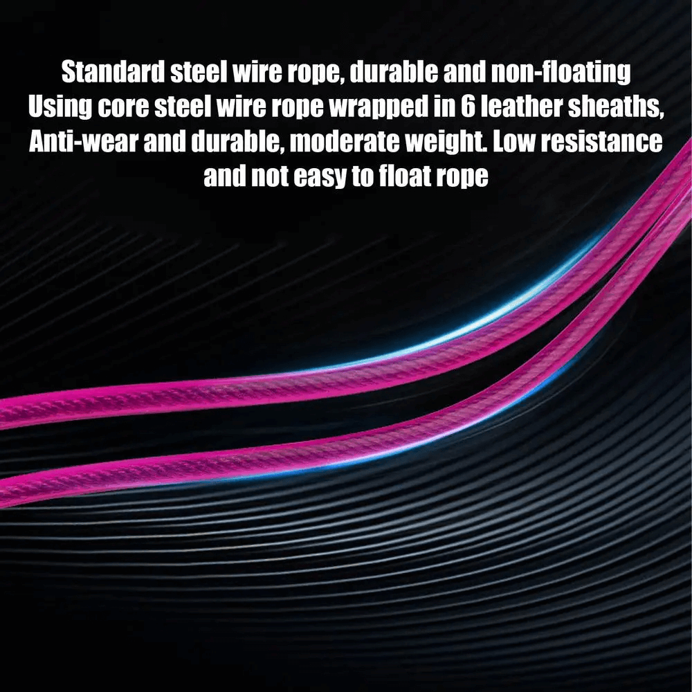 Close-up of SF3185 jump rope's vibrant steel wires, highlighting durability and anti-winding features for fitness enthusiasts.