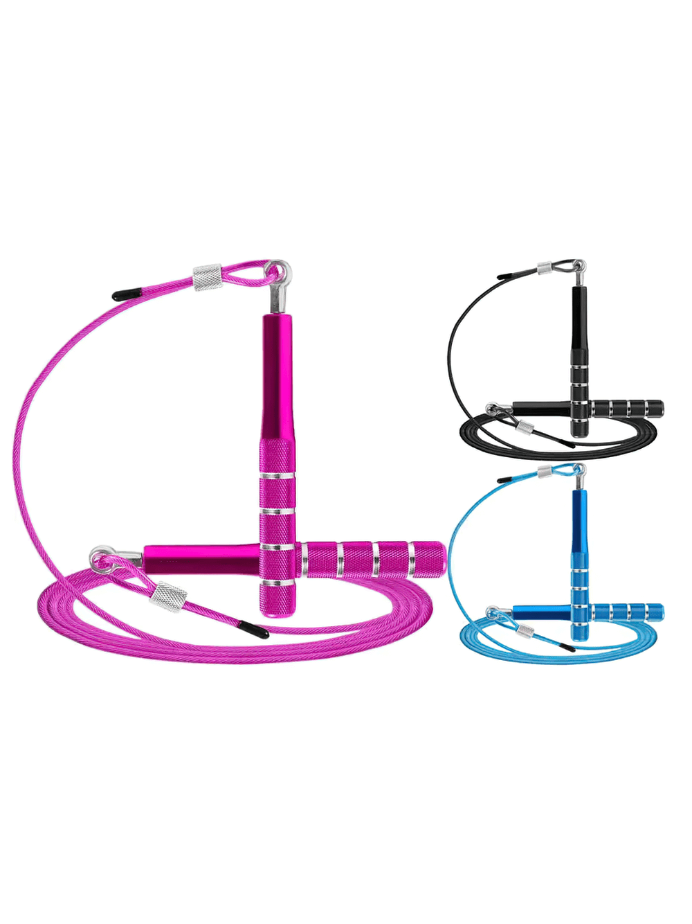 Adjustable anti-winding speed jump rope in pink, blue, and black colors with ergonomic aluminum handles for fitness training.