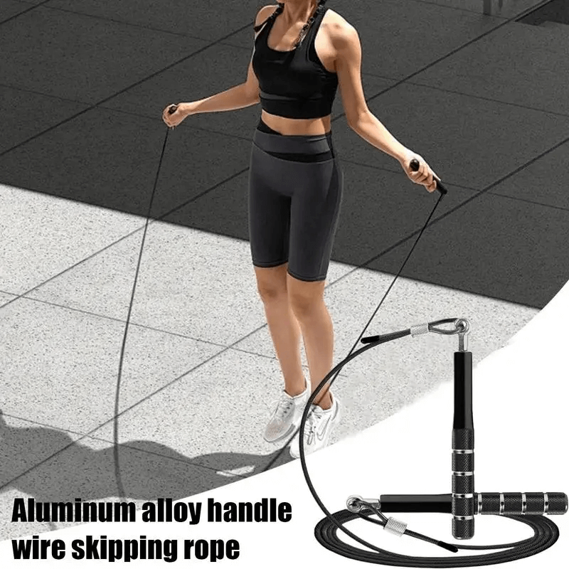 Woman using adjustable anti-winding speed jump rope with ergonomic aluminum handles for fitness and CrossFit.