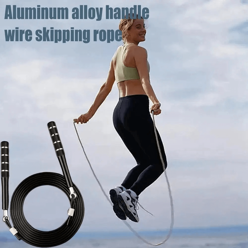 Woman using adjustable anti-winding speed jump rope with aluminum handles for fitness training outdoors.