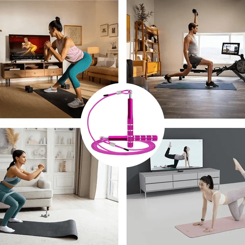 Collage of people exercising with adjustable tangle-free jump rope for custom workouts, featuring ergonomic handles for secure grip.