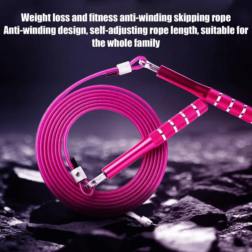 Pink tangle-free adjustable speed jump rope with ergonomic handles for fitness and weight loss, suitable for all skill levels.