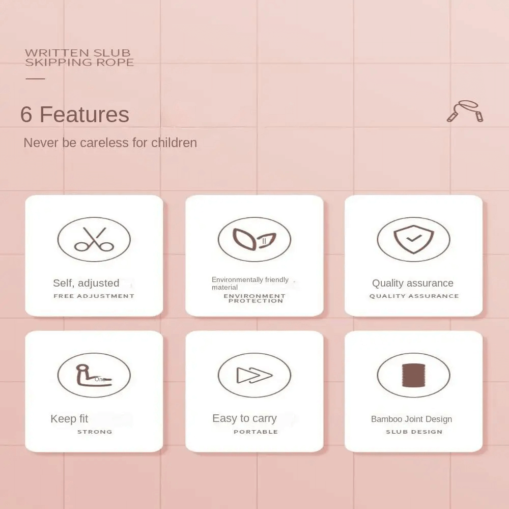 Infographic of 6 features for a skipping rope, including self-adjustment, eco-friendly material, quality assurance, and portability.