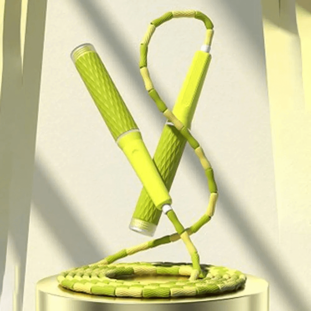 Vibrant green adjustable beaded jump rope with anti-slip handles on display, perfect for cardio workouts and fitness routines.