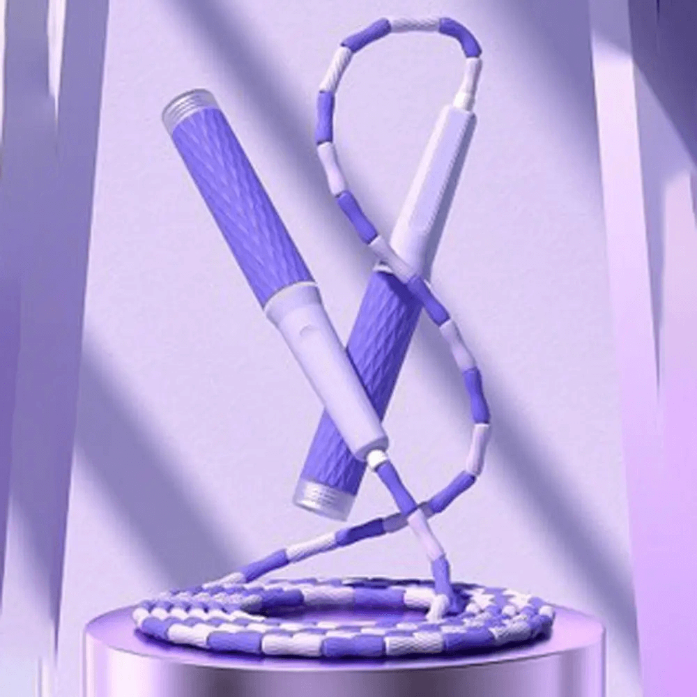 Adjustable beaded jump rope with anti-slip handles in purple, designed for cardio and fitness workouts.
