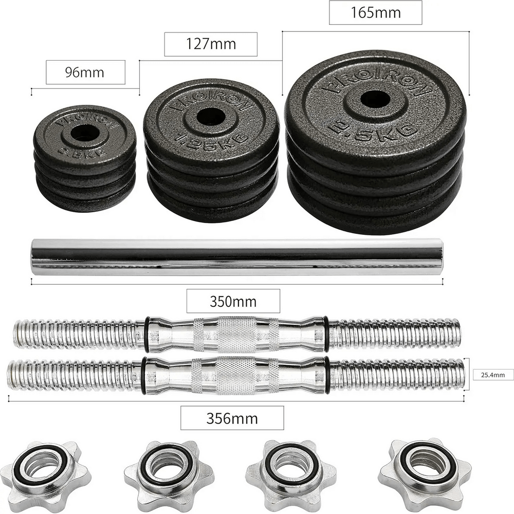 Adjustable cast iron dumbbell and barbell weight set SF3335 with various size plates, bars, and collars, detailed dimensions displayed.