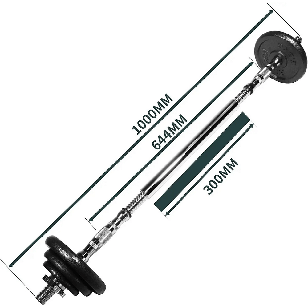 Adjustable cast iron dumbbell and barbell set with measurements: 1000mm length, 644mm bar, and 300mm grip section, model SF3335