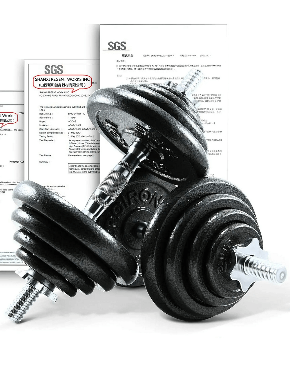 Adjustable cast iron dumbbell and barbell weight set SF3335 with certification documents displayed.