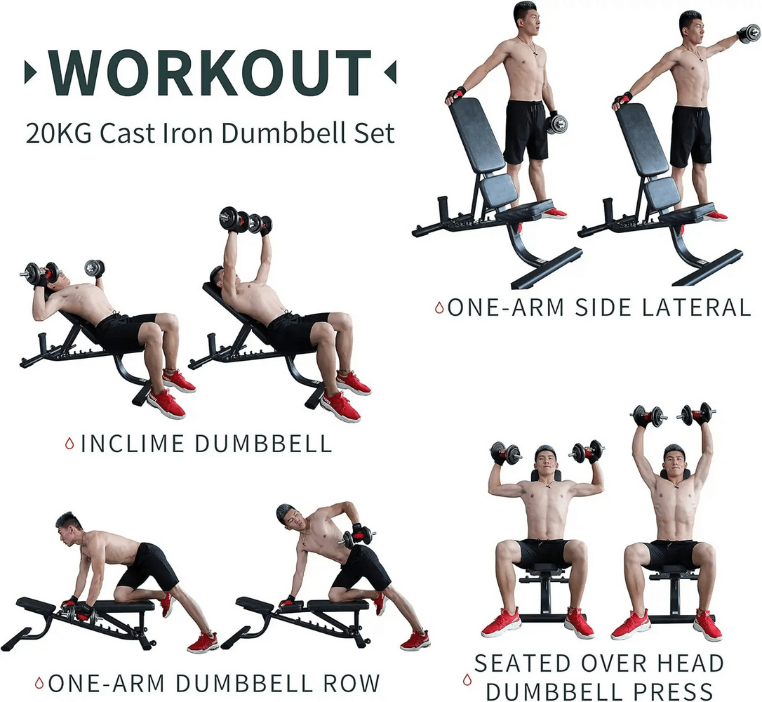 Exercises with a 20kg cast iron dumbbell set, including side lateral, incline, row, and overhead press techniques.