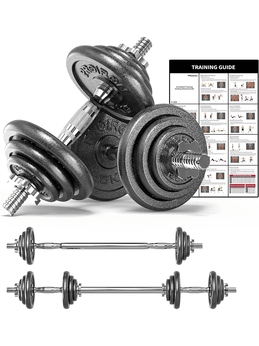 Adjustable Cast Iron Dumbbell and Barbell Weight Set SF3335 with training guide for versatile workouts and strength training.