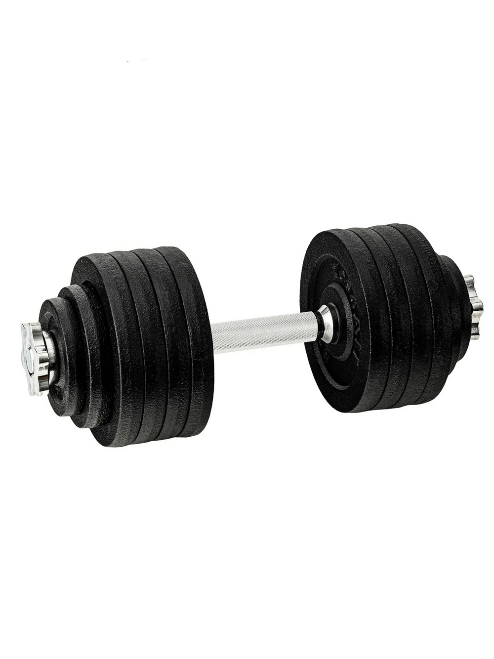 Adjustable cast iron dumbbell with chrome handle and weight plates, perfect for versatile strength training and muscle building.